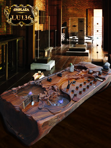 Bộ bàn trà nghệ thuật phong thủy gỗ Lũa Okan chạm khắc độc đáo LU136